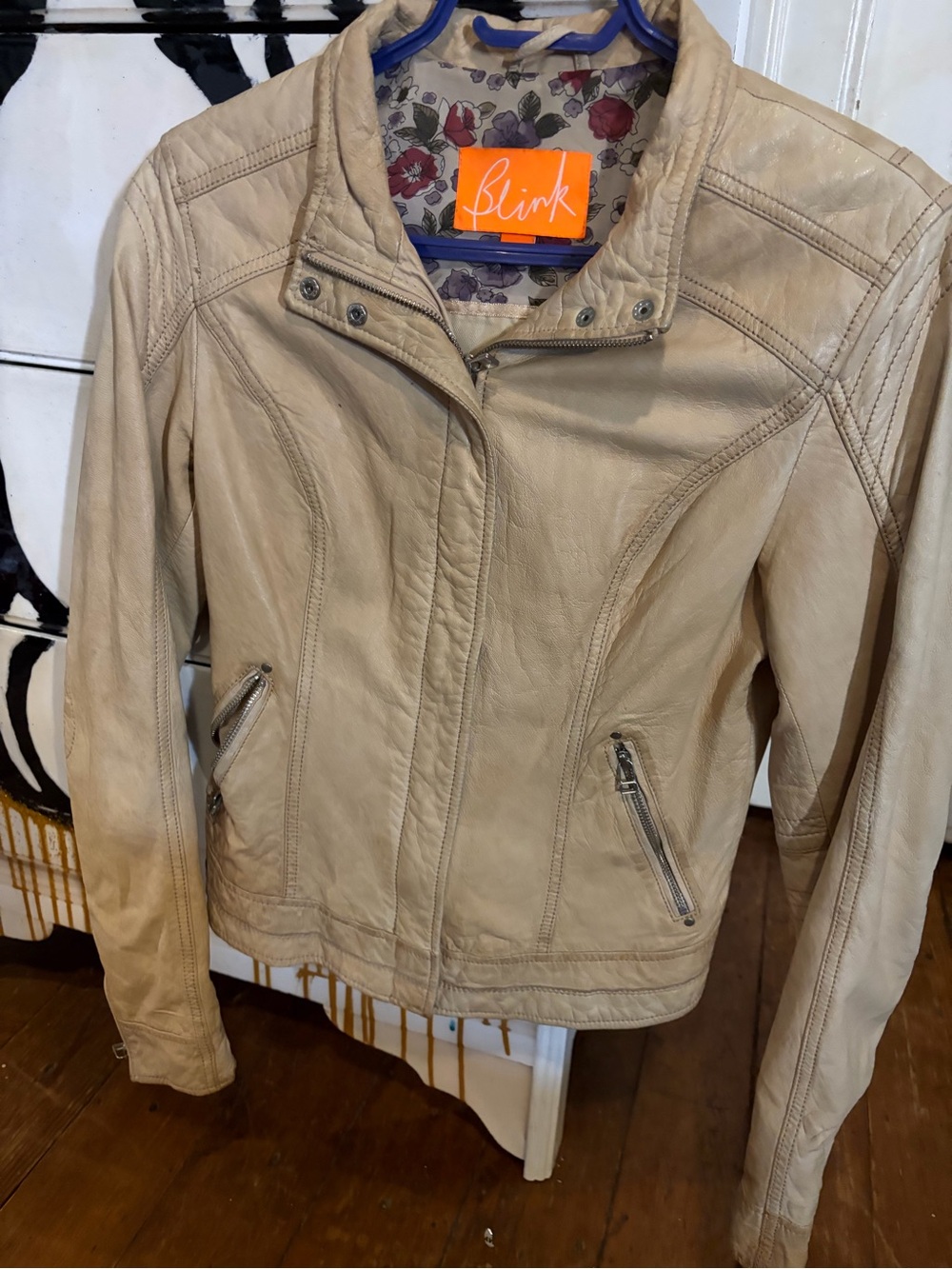 Blink Beige Leather Moto Jacket with Floral Lining